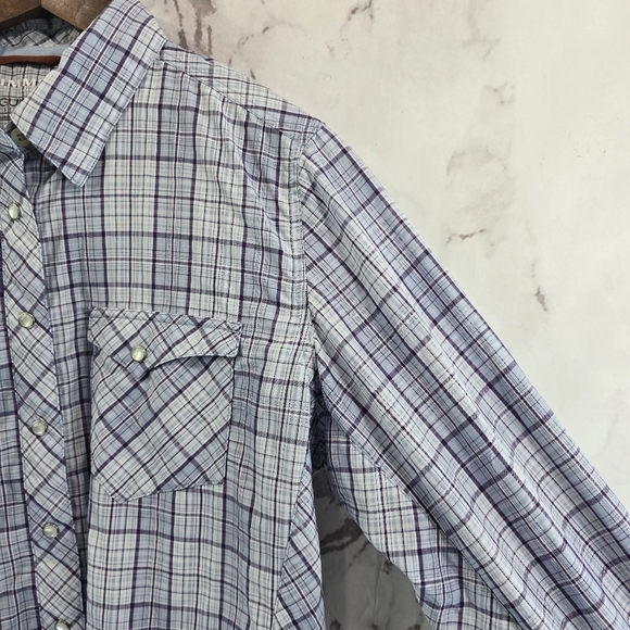 Simms Shirt Women Medium Purple Blue Button Up Long Plaid Vented Fishing Guide - Picture 9 of 10